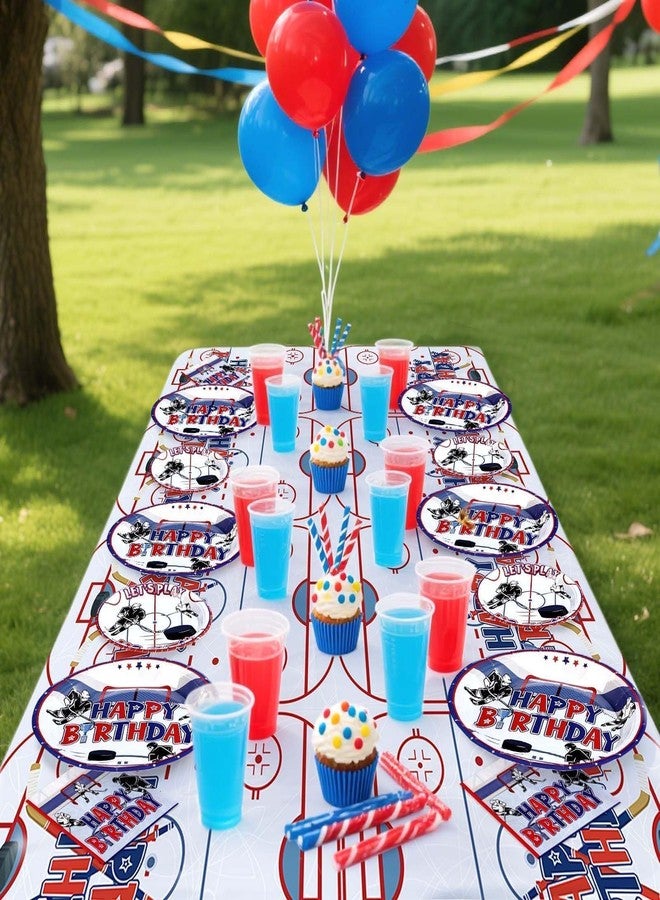 Grencian مجموعة لوازم حفلات الهوكي من غرينسيان، 98 قطعة، تتضمن أطباقًا ومناديل وشوكًا ومفرش طاولة للاستخدام مرة واحدة، مثالية لحفلات أعياد ميلاد الأولاد ومحبي الهوكي، وتزيين الحفلات ذات الطابع الرياضي. - Image 5